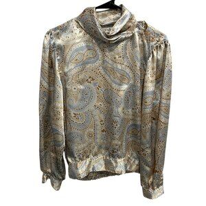 ShipN Shore Paisley Satin Blouse Sz M Long Sleeve Cowl Neck Beige Blue Print